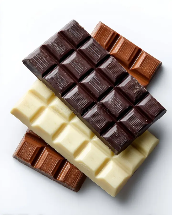 Stacked white, milk, and dark chocolate bars